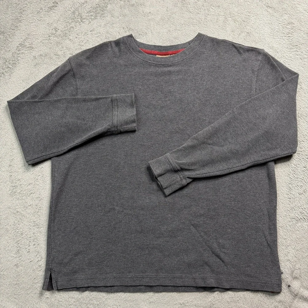 LL Bean Mens Waffle Knit Thermal Shirt Gray Long Sleeve Cotton Crewneck Large